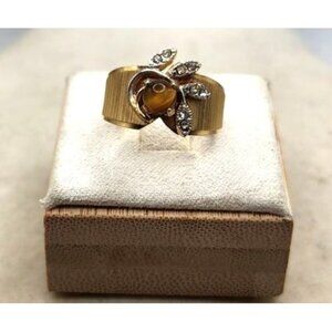 ESPO Leaf Plant Motif Tiger Eye Cabochon Vintage Ring Fashion Jewelry K14 Plate
